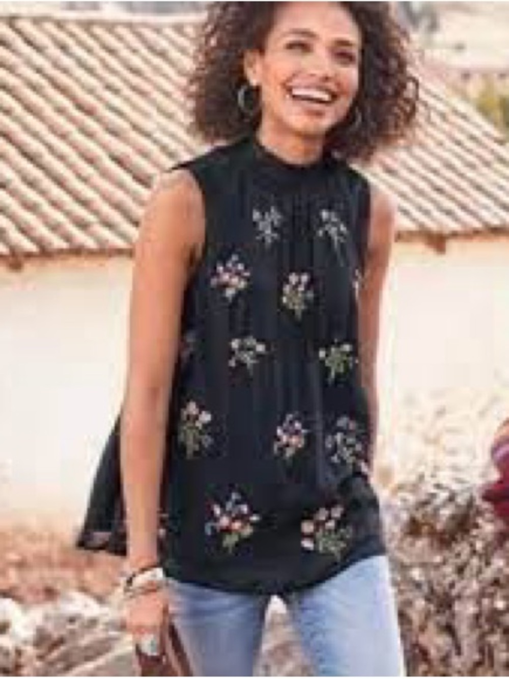 Sundance Altamira Black Sleeveless Floral Mock-Neck Camisole
